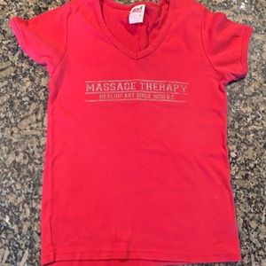 Red v-neck massage therapy Anvil shirt fits like s